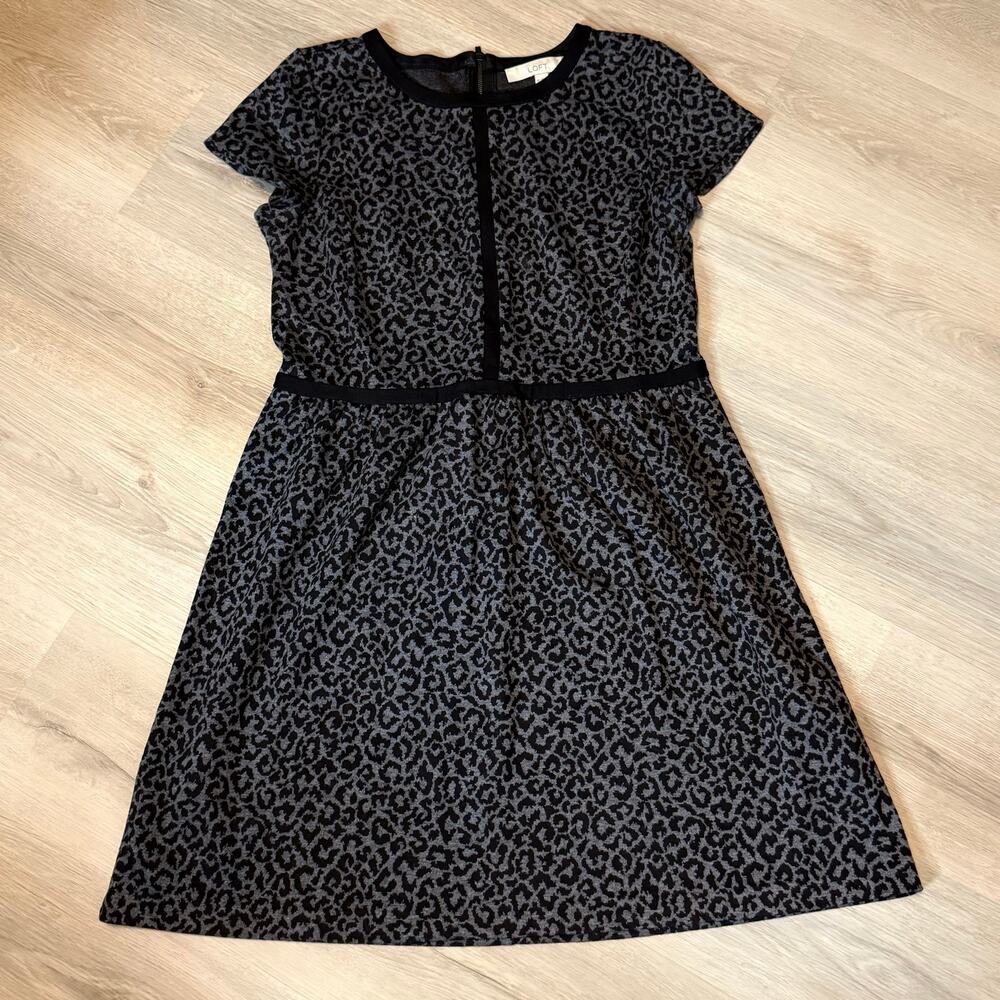 LOFT Leopard Print Fit & Flare Dress Black Gray Short Sleeve Size 10